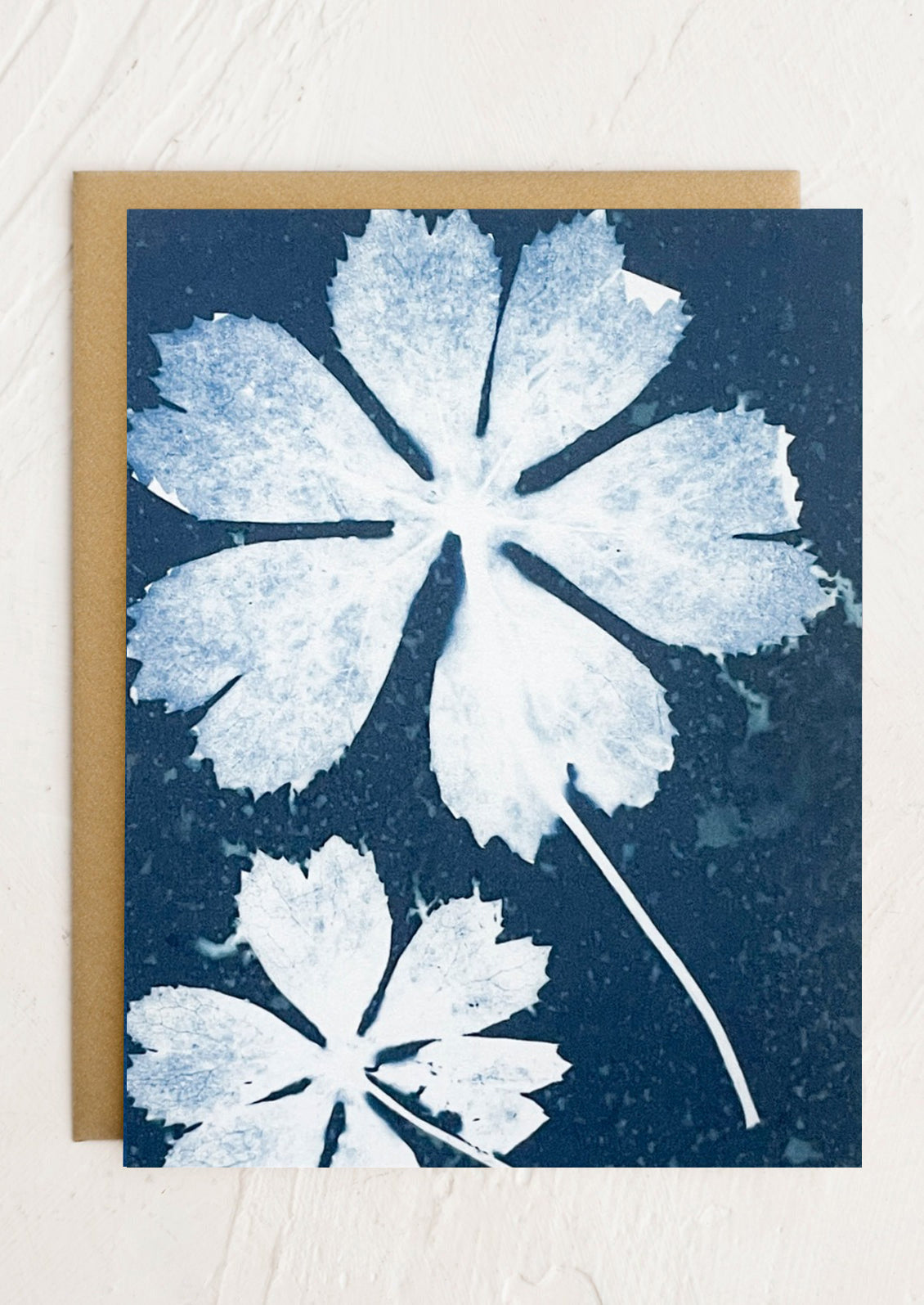A cyanotype print greeting card with white floral pattern.