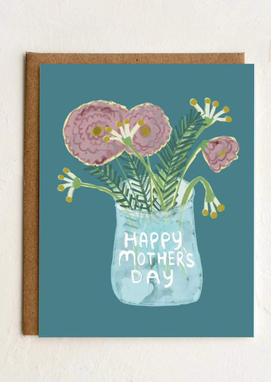 Greeting card with flowers in a vase and 'Happy Mother's Day' text on a teal background.