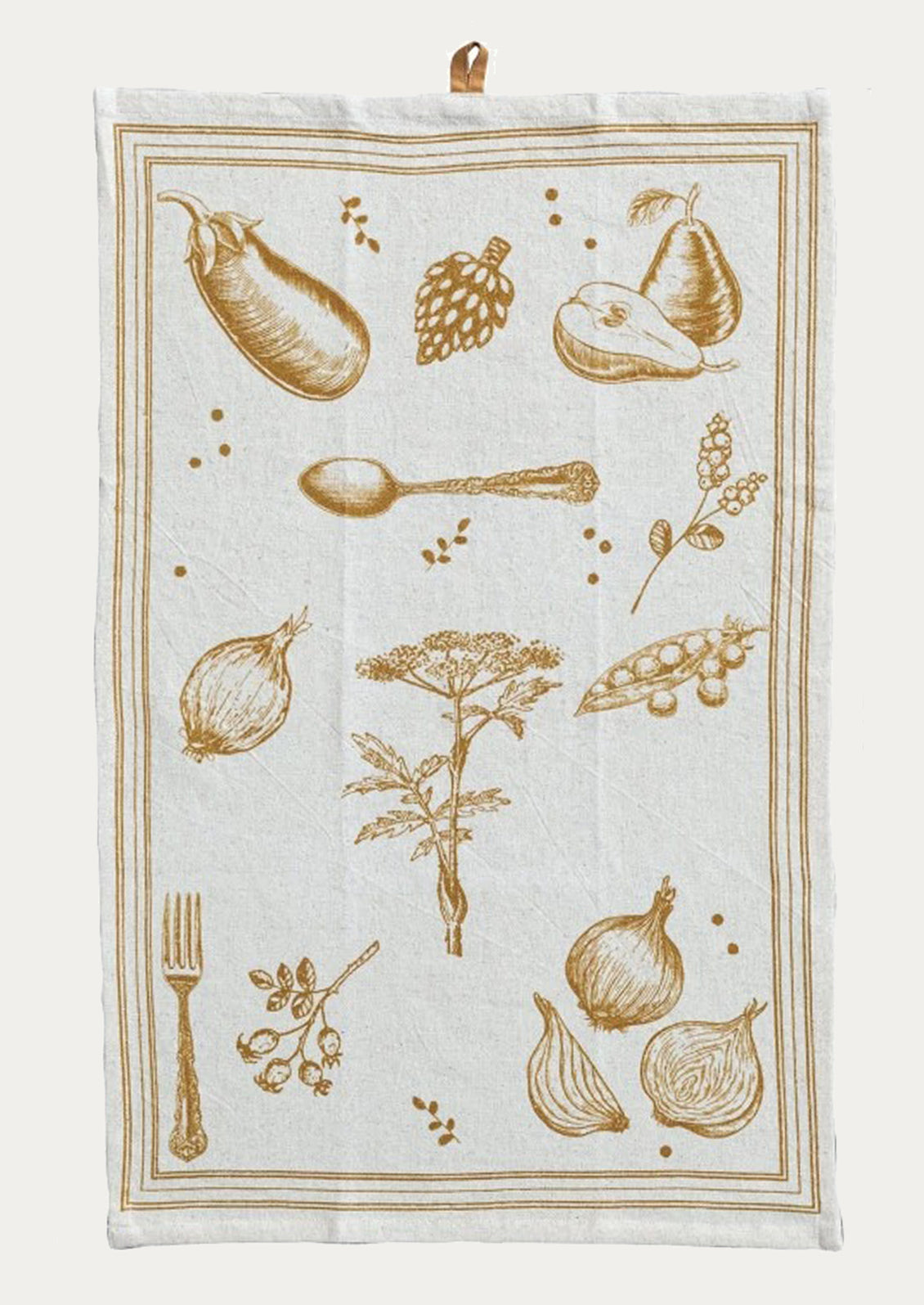 Tea towel with vintage-style illustrations of fruits, vegetables, and a spoon on a white background