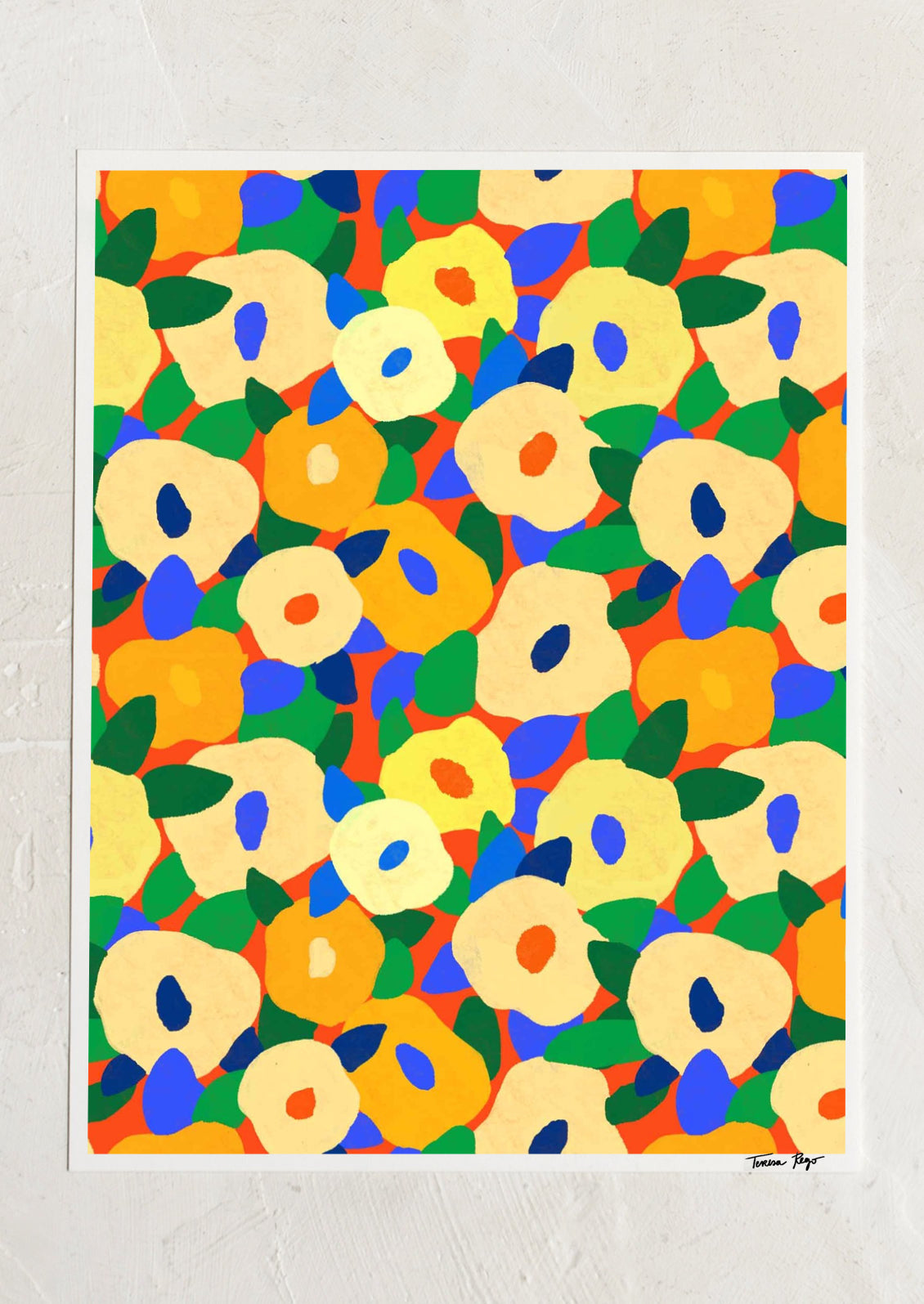 Colorful abstract art print with flowers.