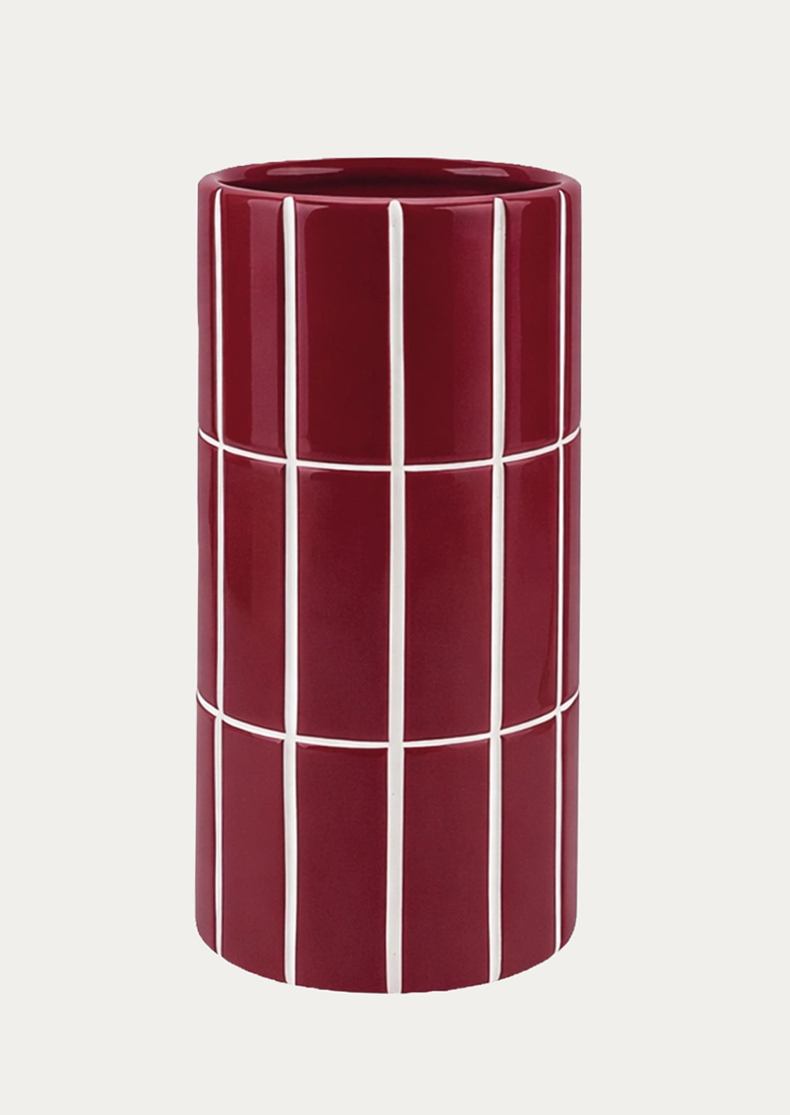 A glossy dark red cylindrical vase with a white grid pattern.