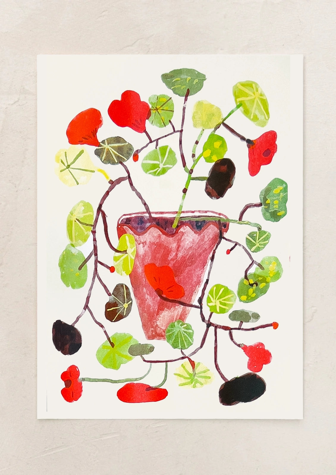 A risograph art print of nasturtiums in a pot.
