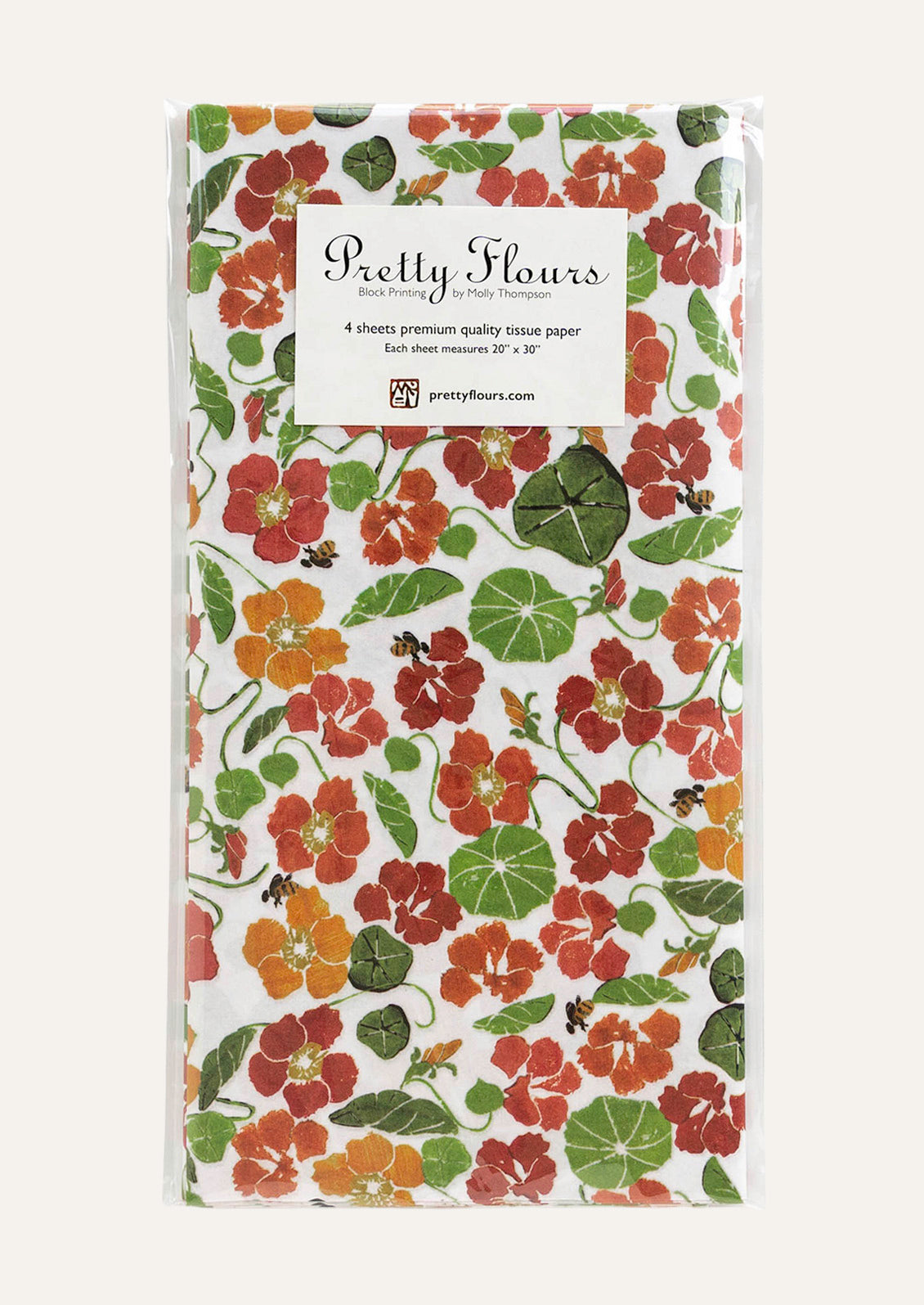 Tissue paper featuring a red and orange nasturtium flower pattern.