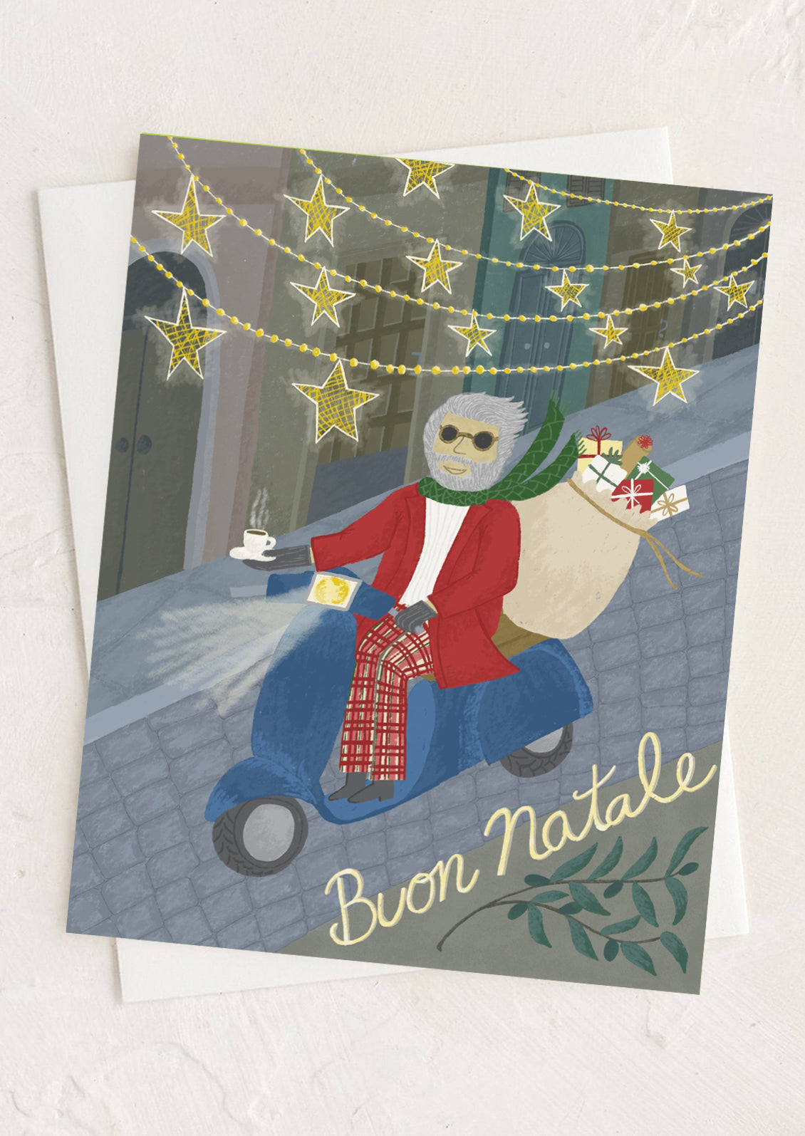 Christmas card with skeleton on a scooter under string lights and stars.