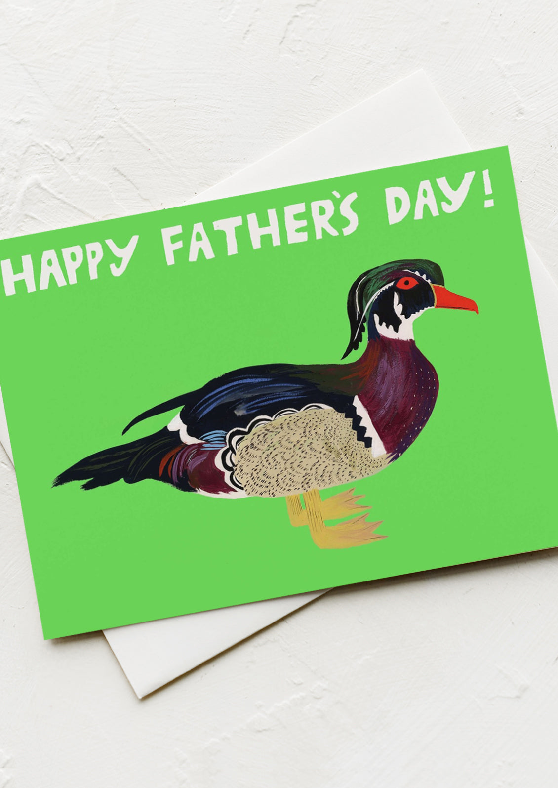 A neon green card with illustration of fancy duck type, text reads "Happy Father's Day!".