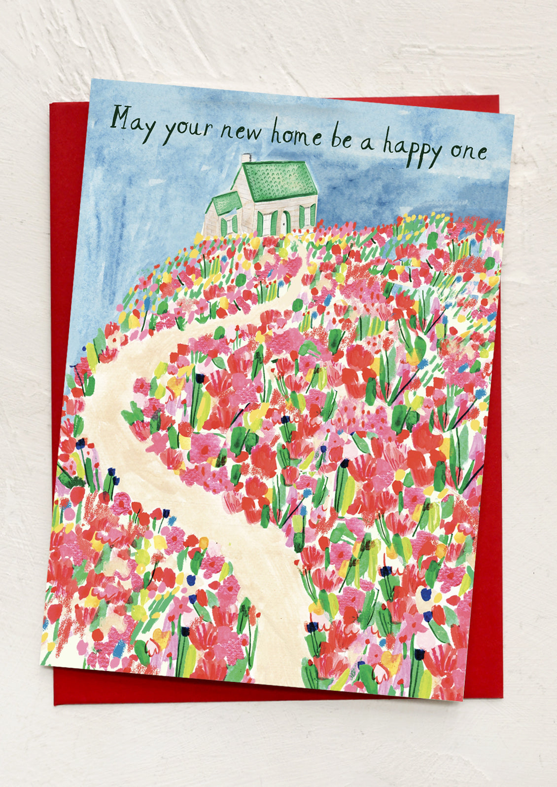 Greeting card with floral design and house illustration on a white background