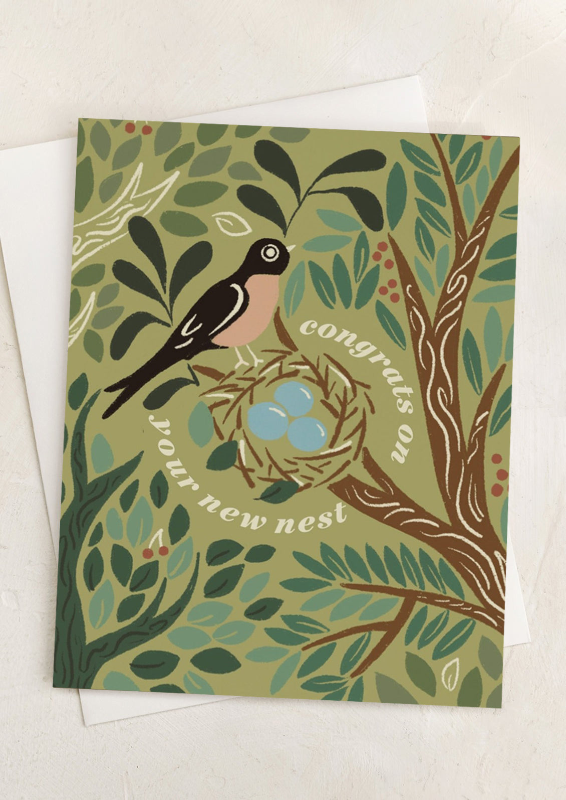 A card with image of robin with nest, text reads "Congrats on your new nest".
