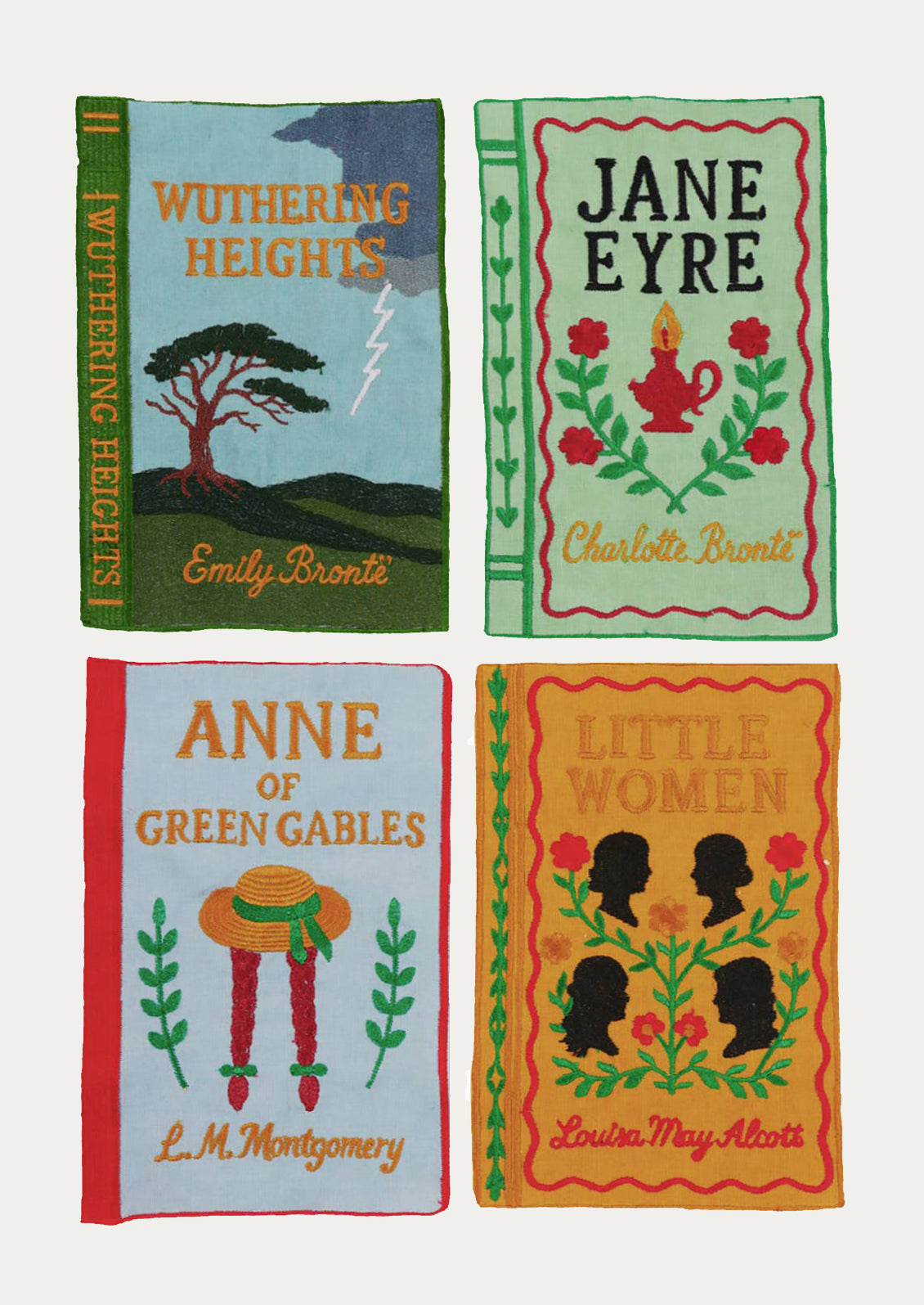 Four napkins resembling book covers of 'Wuthering Heights', 'Jane Eyre', 'Anne of Green Gables', and 'Little Women'.