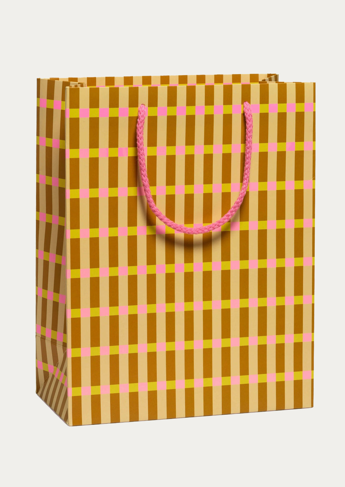Gift bag with brown and pink checkered pattern on a white background