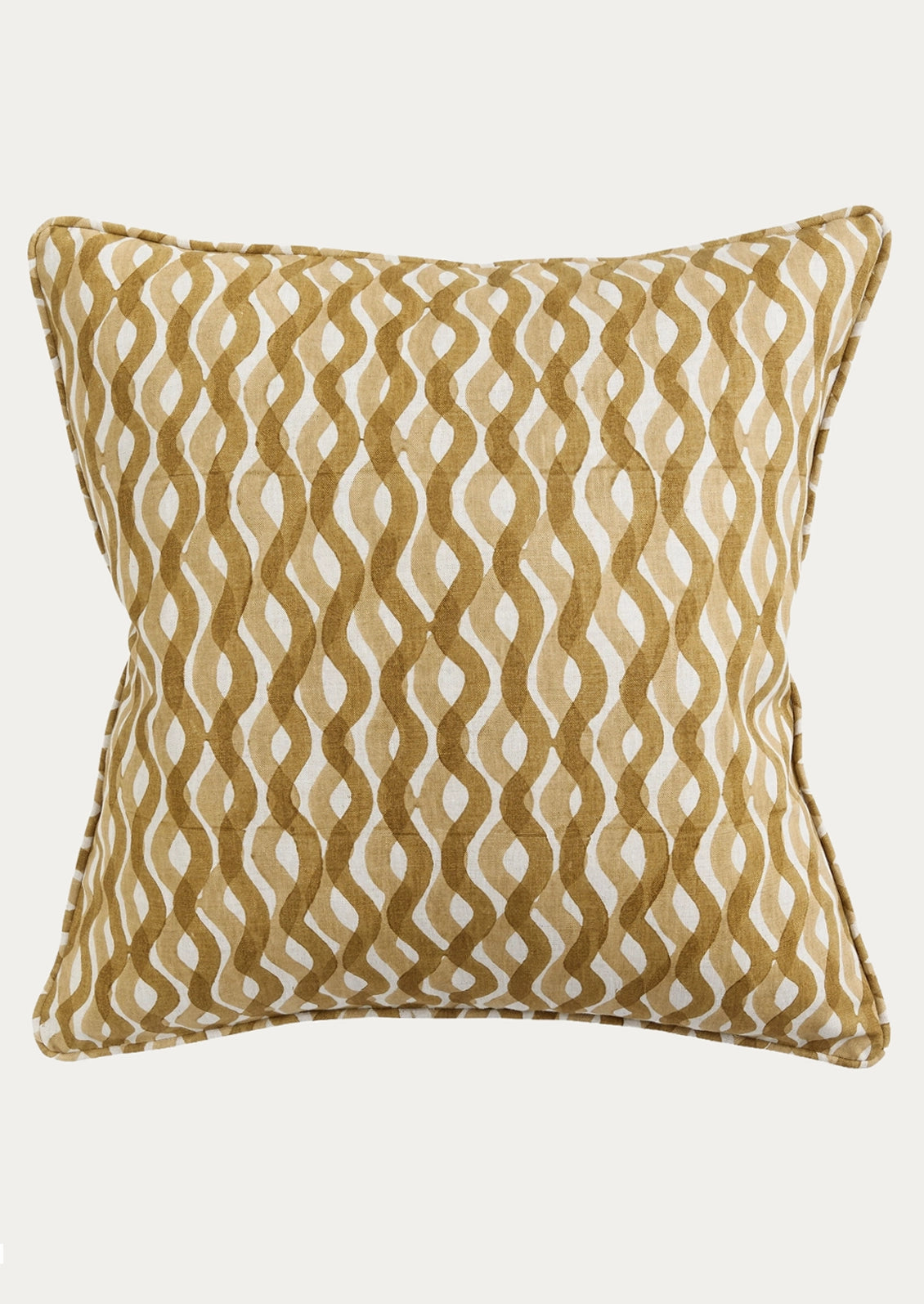 A square decorative throw pillow featuring a textured wavy vertical stripe pattern in a warm mustard-gold and cream color combination, set against a plain light gray background.