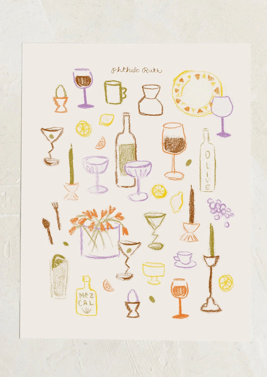 Colorful illustration of drinks and kitchen items on a white background