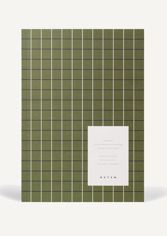 A notebook in olive green with grid pattern.
