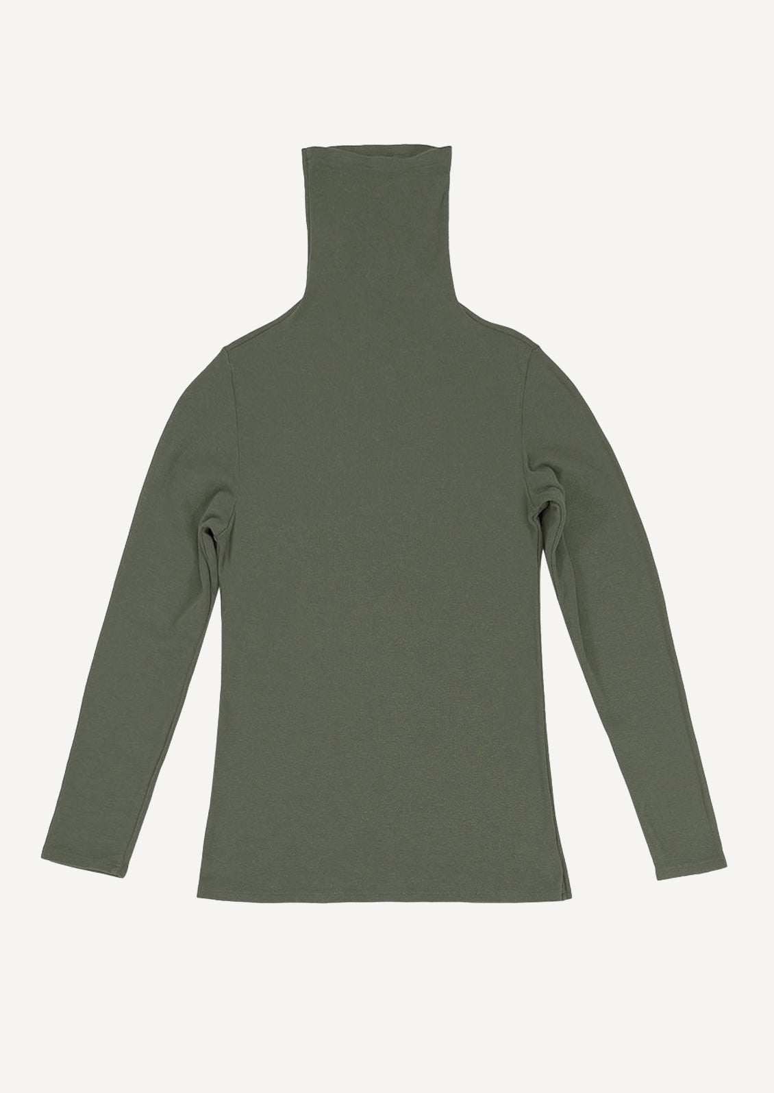 A turtleneck t-shirt in olive green.