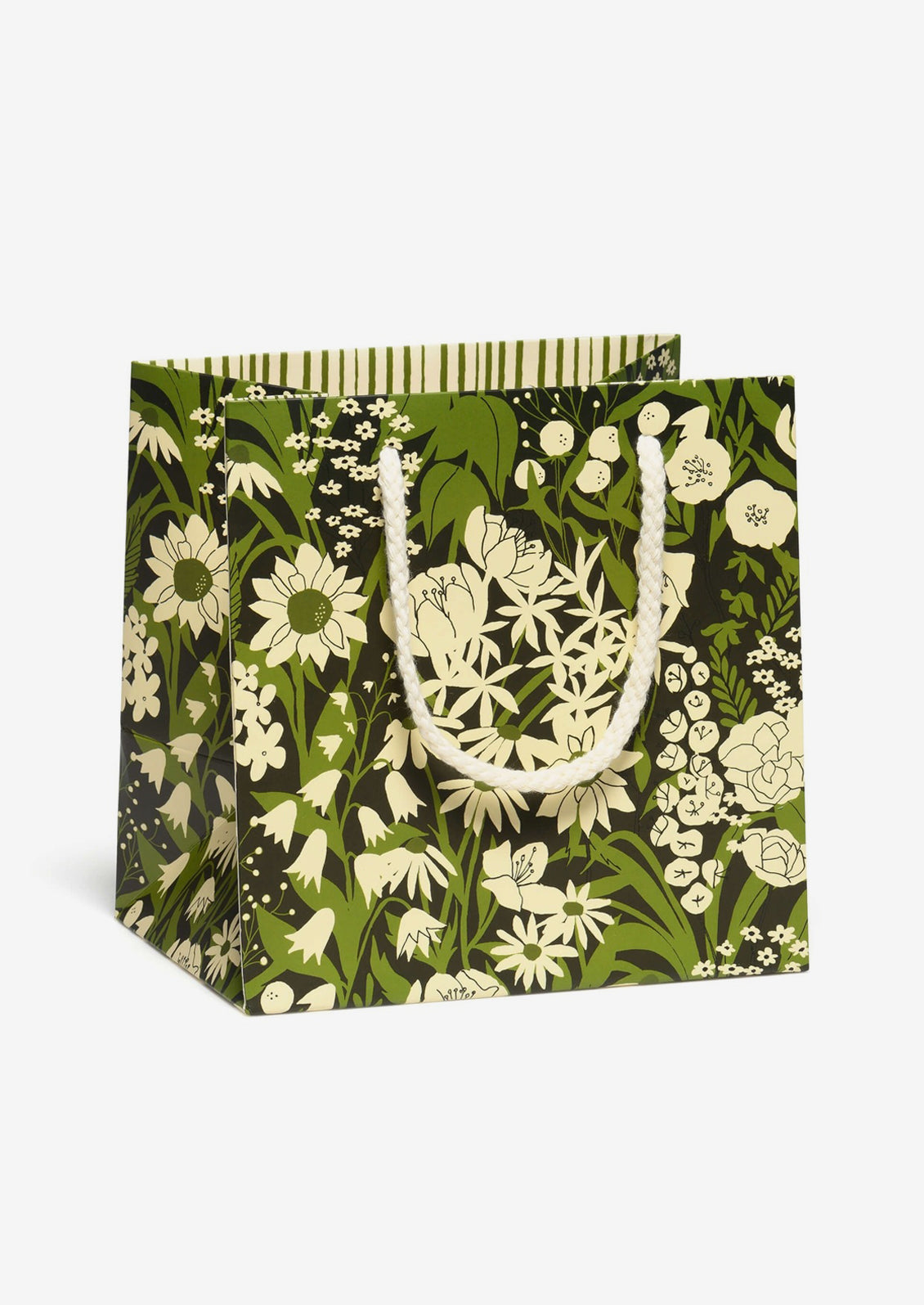 A small square shaped gift bag in black with olive and ivory floral pattern.