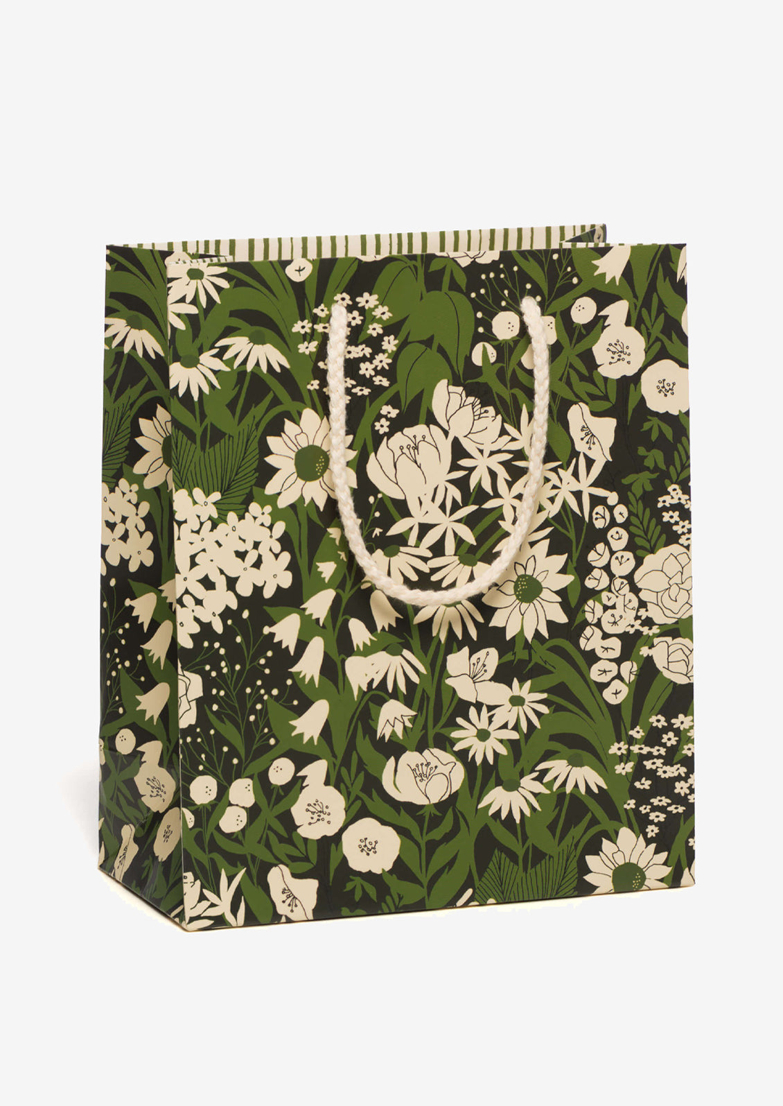A printed gift bag with cream and olive green floral print on black background.