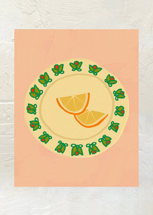 An art print with illustration of orange slices on a plate, on peach background.