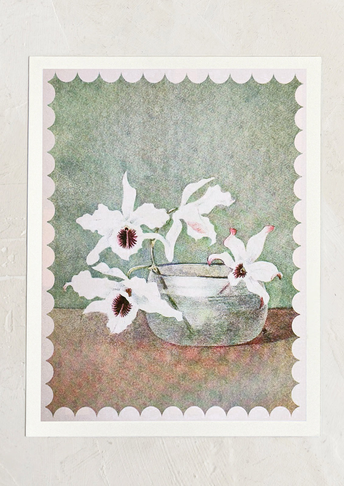 Art print of white flowers in a glass bowl on a textured background