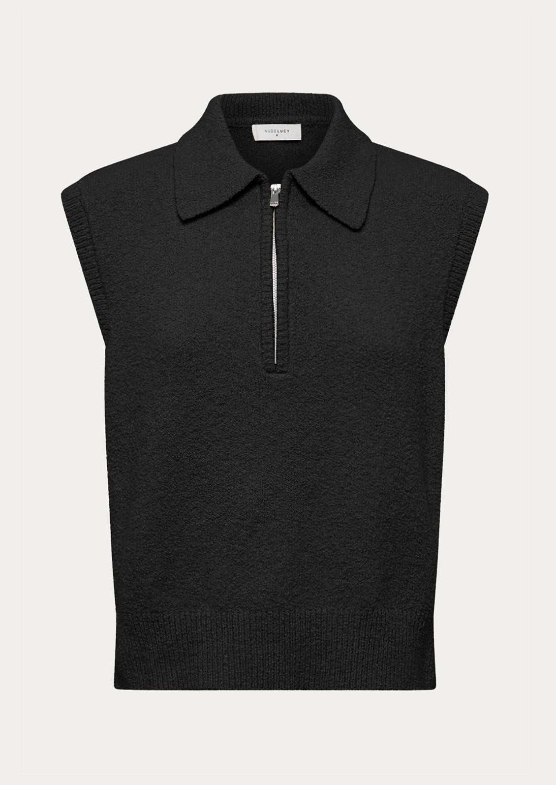 Black sleeveless sweater vest with a zipper on a light gray background