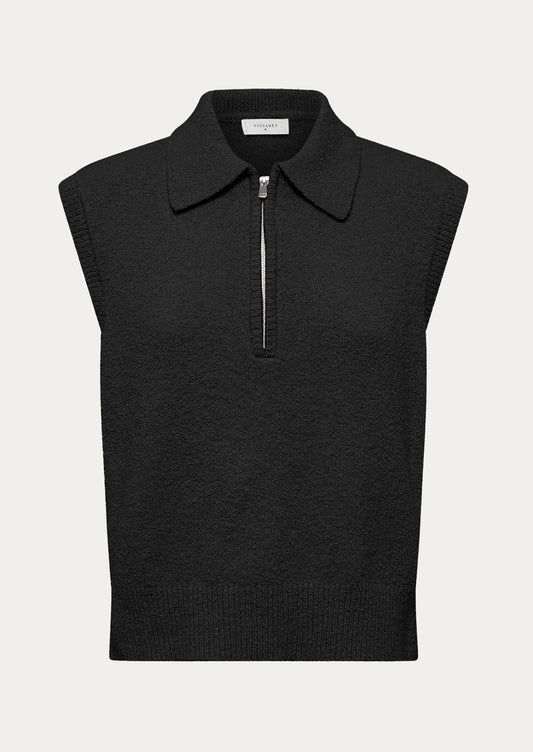 Black sleeveless sweater vest with a zipper on a light gray background