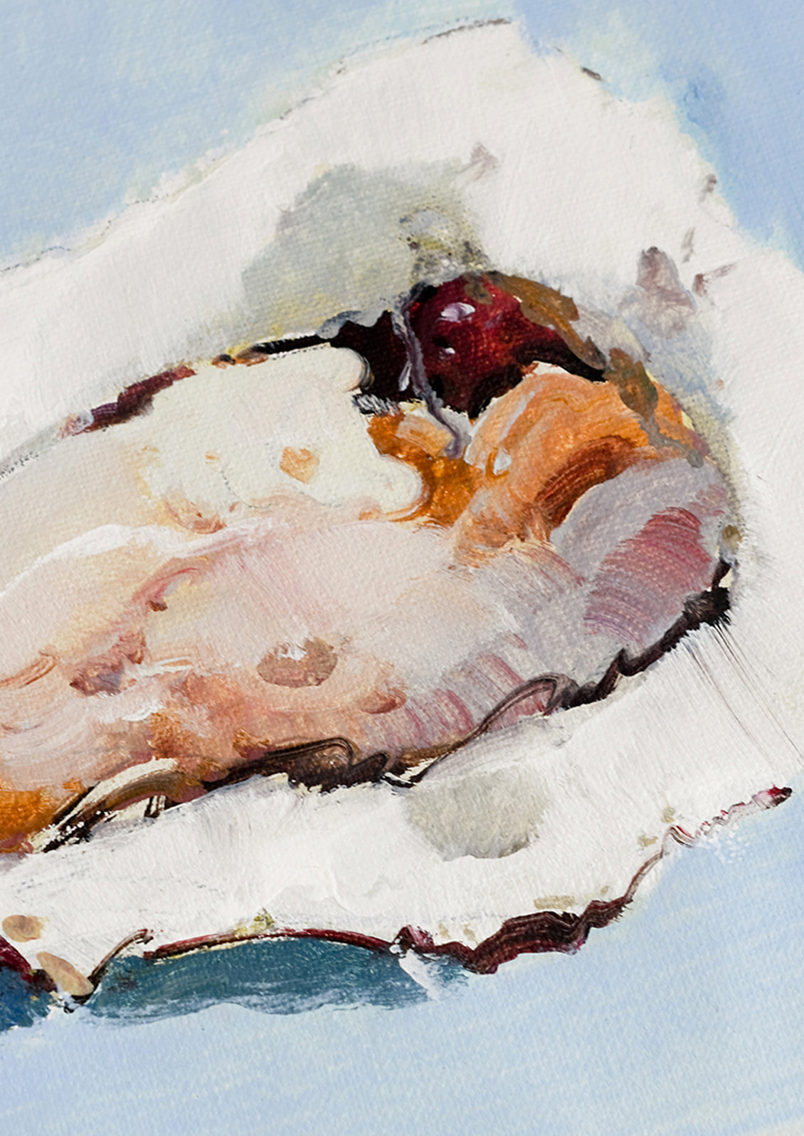 A framed still life painting of an oyster on blue background.