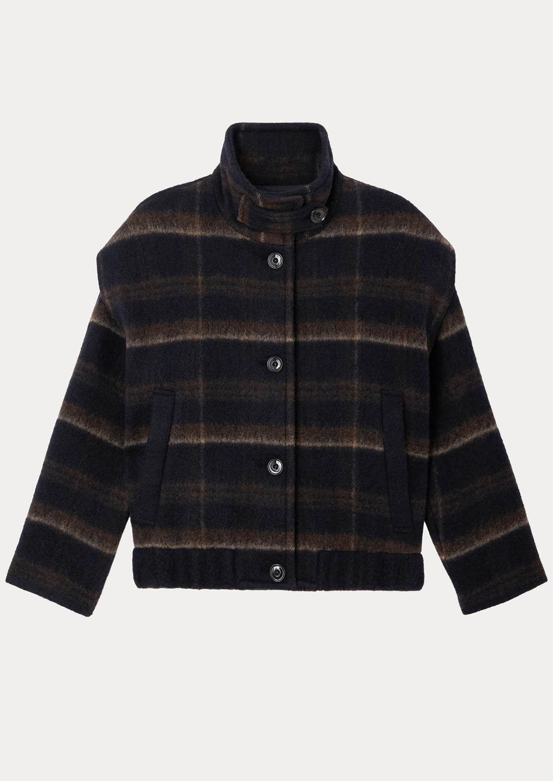 A cropped button-front jacket with a high stand collar, featuring horizontal stripes in dark navy, brown, and tan, displayed on a light gray background.