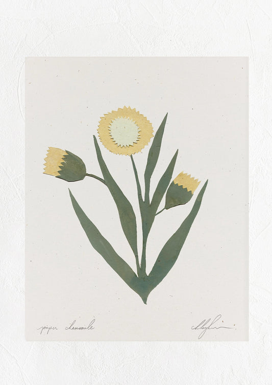 An art print of paper cutting depicting a yellow chamomile flower.