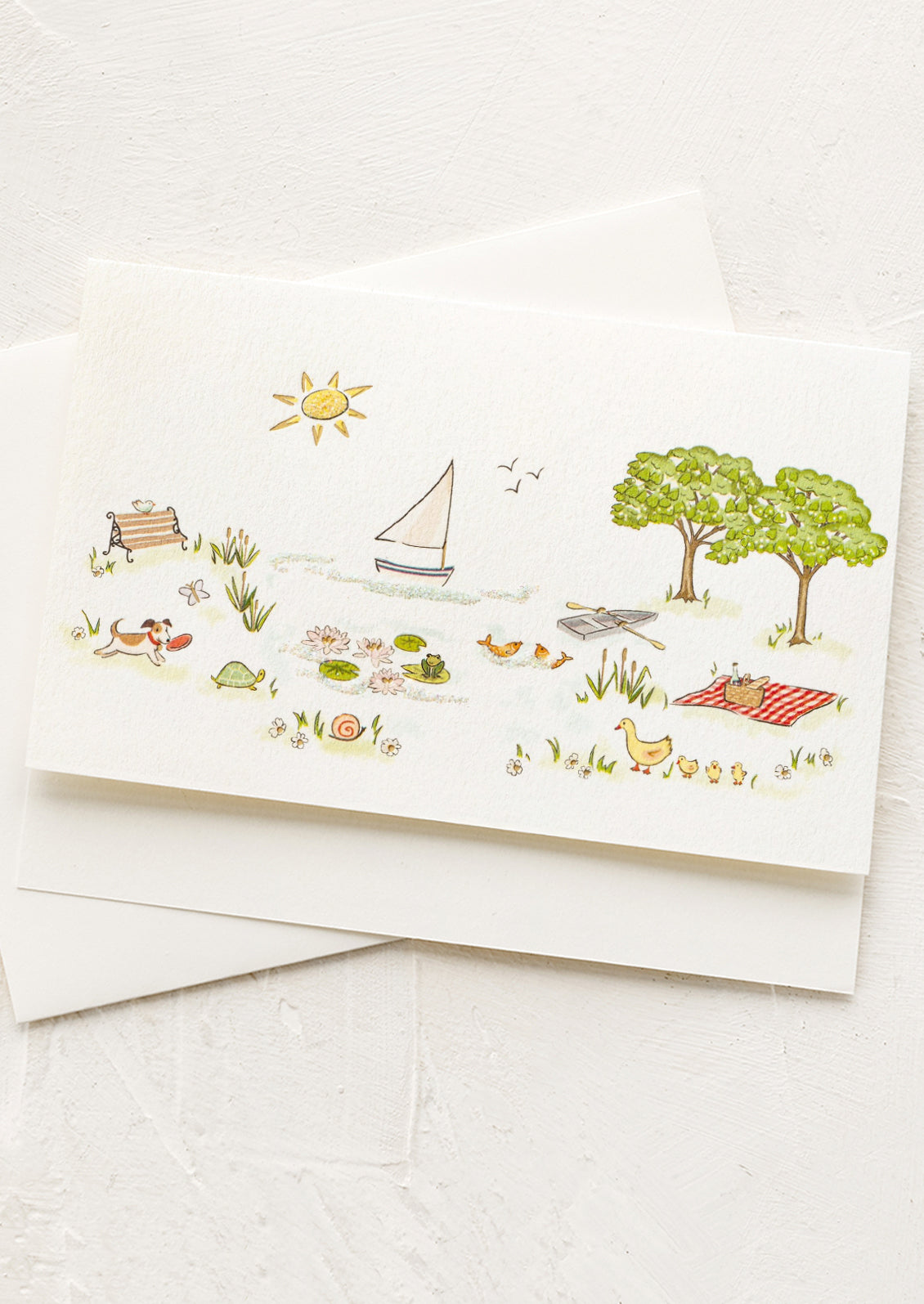 Illustrated card with nature-themed design on a white background