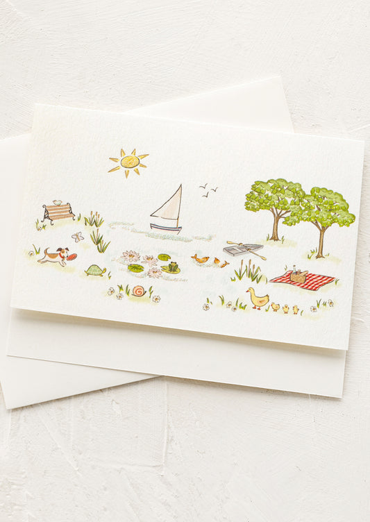 Illustrated card with nature-themed design on a white background