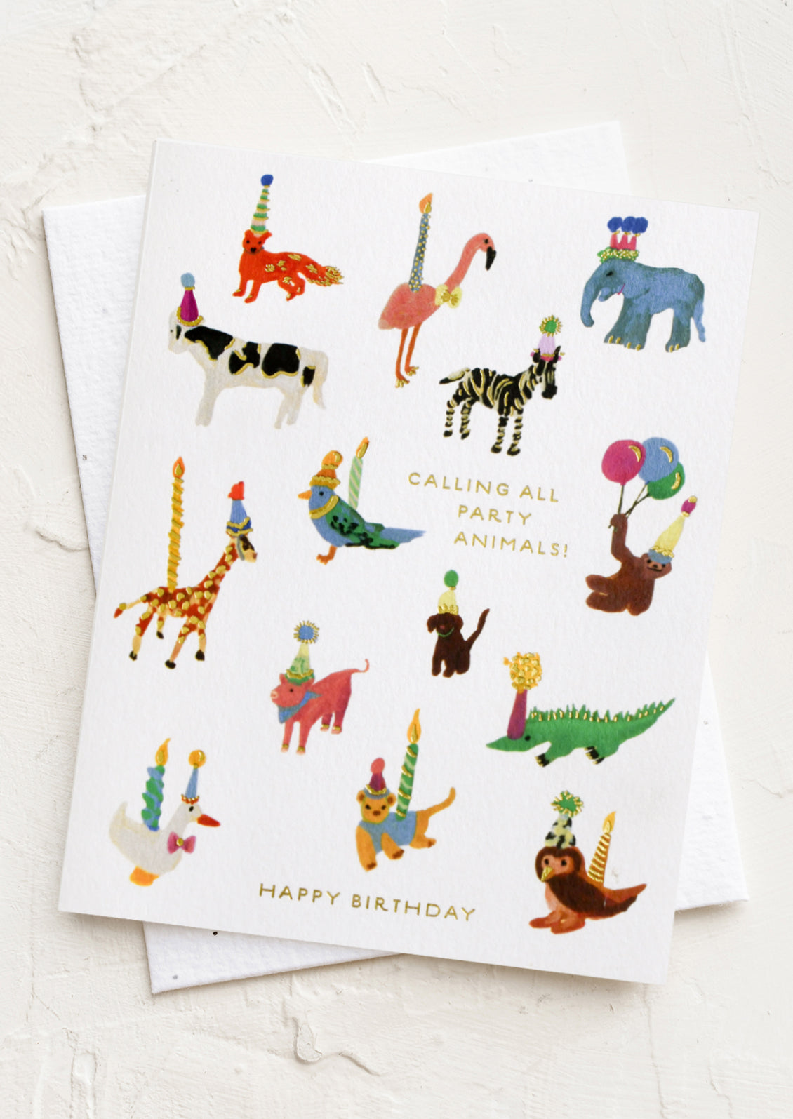A greeting card with animals wearing party gear, text reads "Calling all party animals! Happy Birthday".