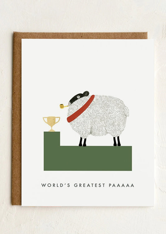 A greeting card with an illustration of a sheep winning a trophy, text reads "World's Greatest Paaaa".