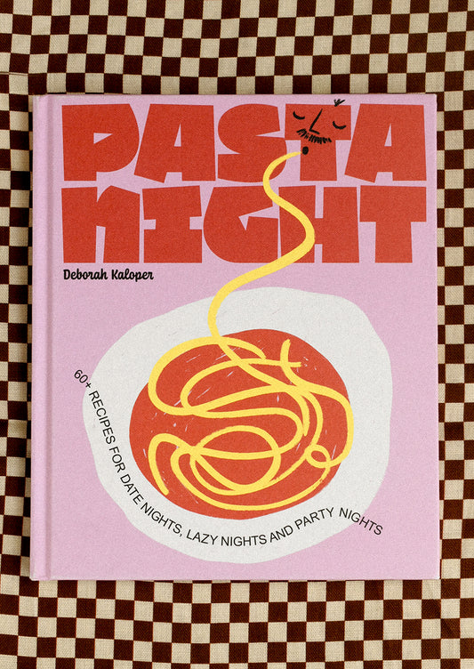 Book titled 'Pasta Night' on a checkered background