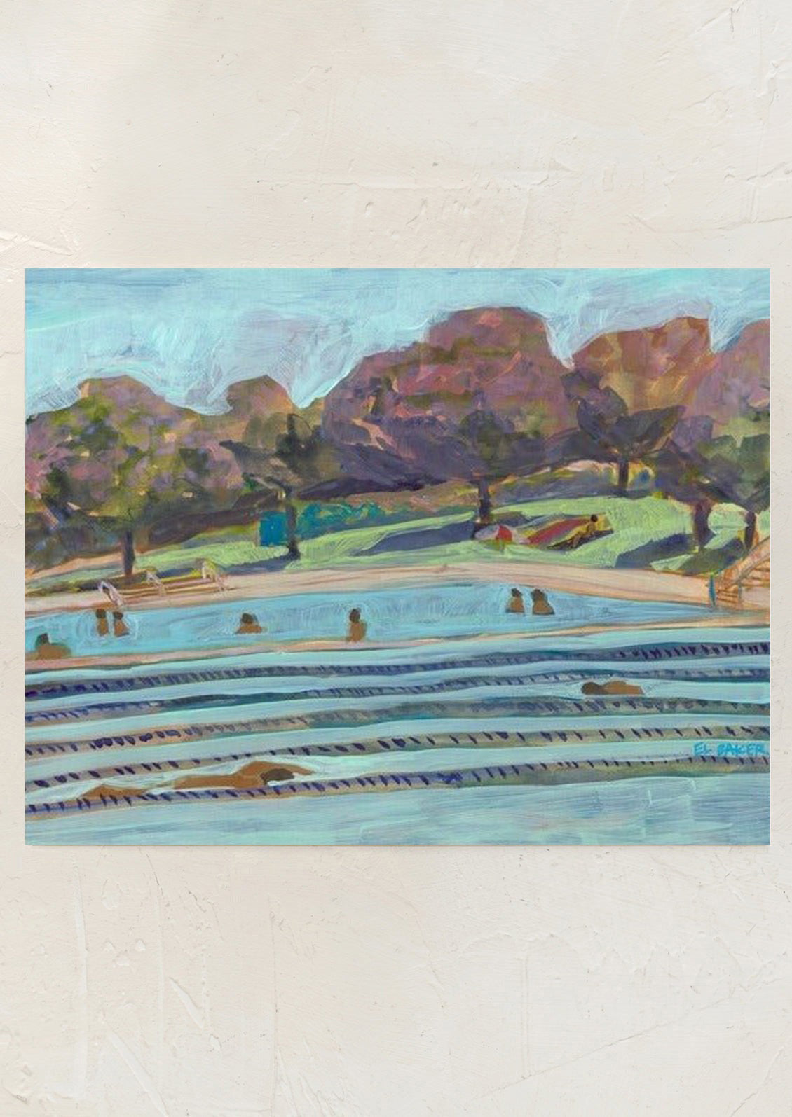 Painting of a swimming pool scene with trees, benches, and people.