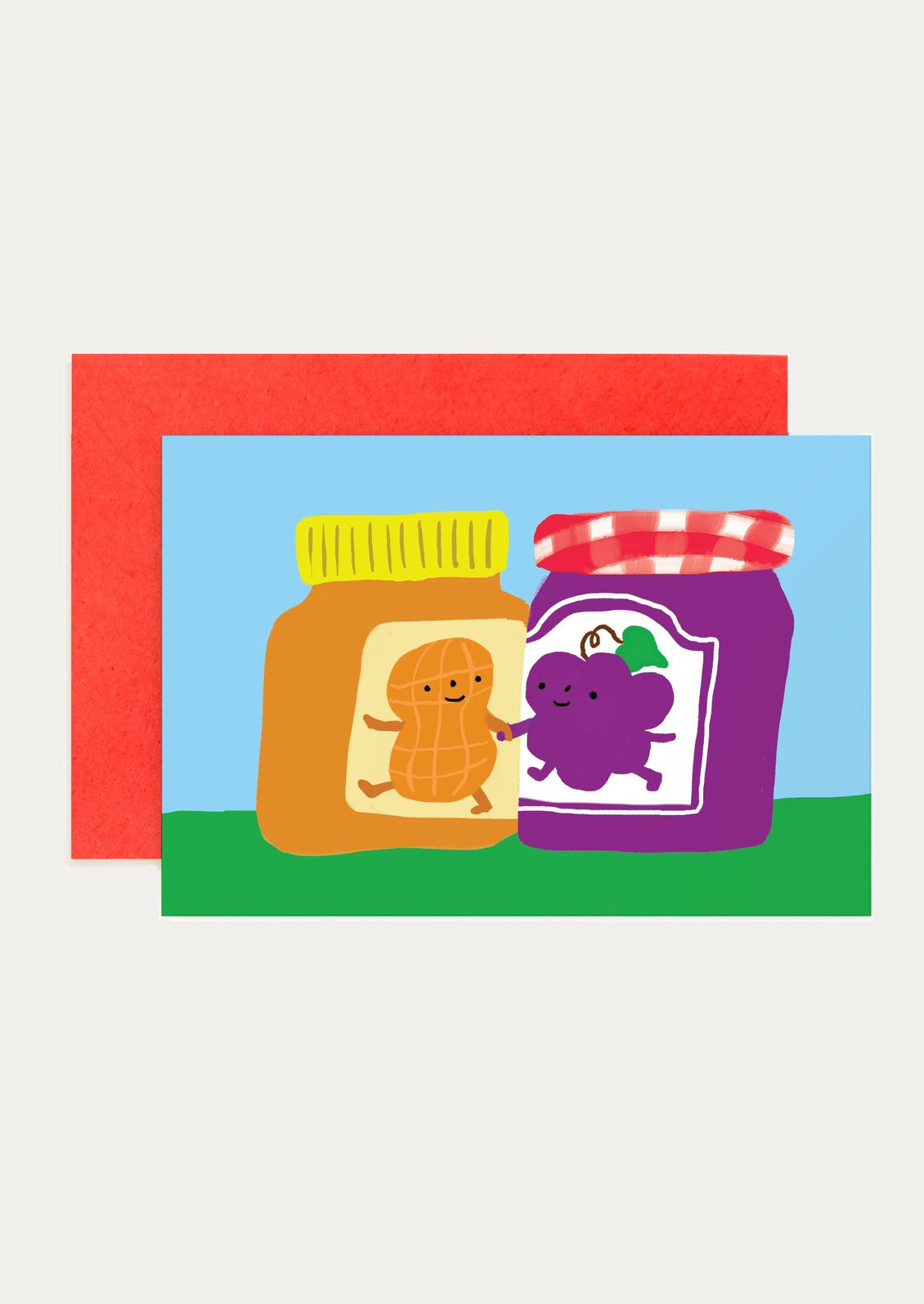 Two cartoon jars of peanut butter and jelly on a colorful background