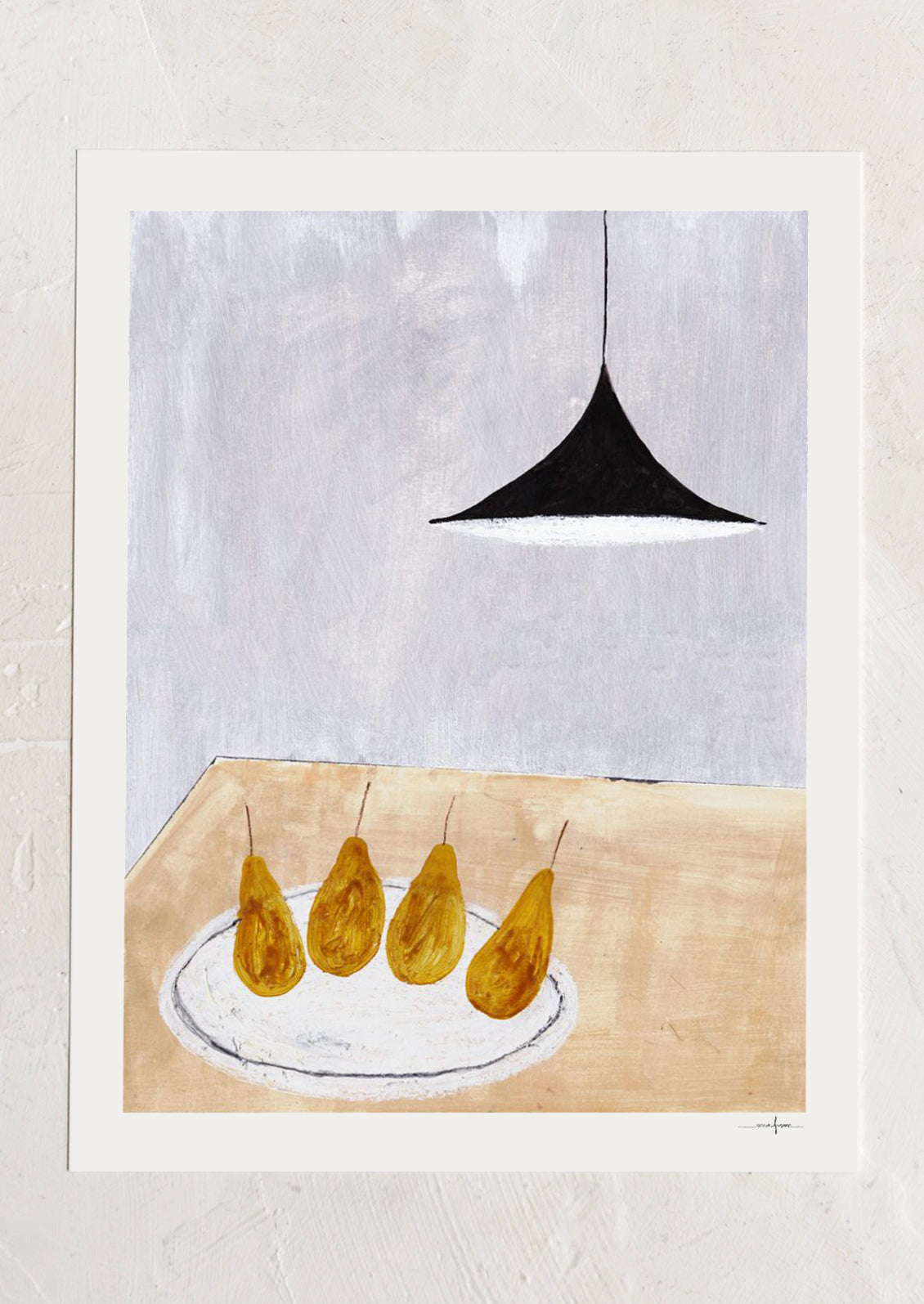 An art print of an illustration of pears on a plate, sitting on a table.