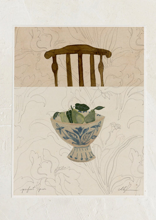 An art print of an illustration of a chair facing tabletop with pears in a compote bowl.