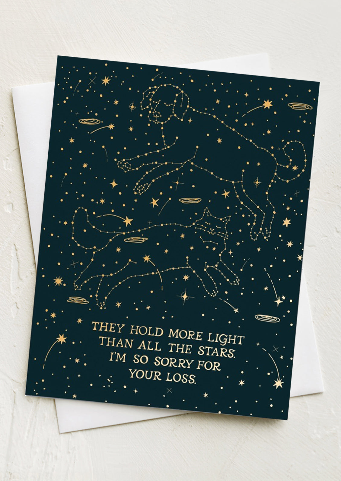 A constellation print card reading "They hold more light than all the stars, I'm so sorry for your loss".