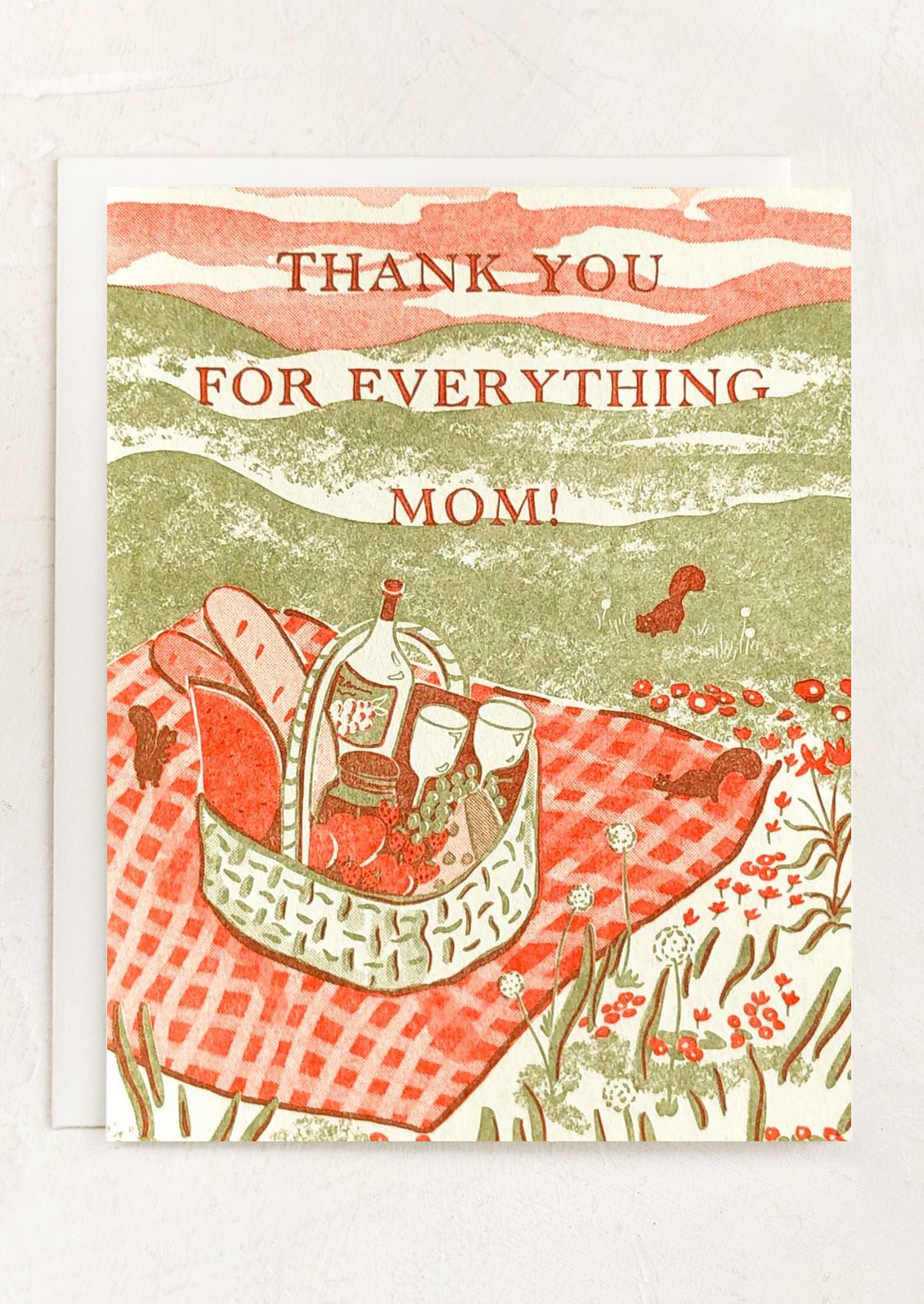 Greeting card with a picnic illustration and 'Thank you for everything Mom!' text on a white background.