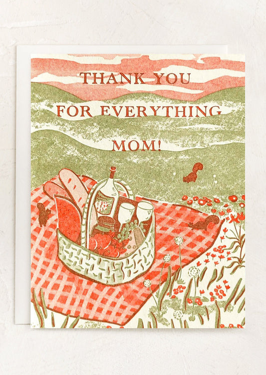 Greeting card with a picnic illustration and 'Thank you for everything Mom!' text on a white background.