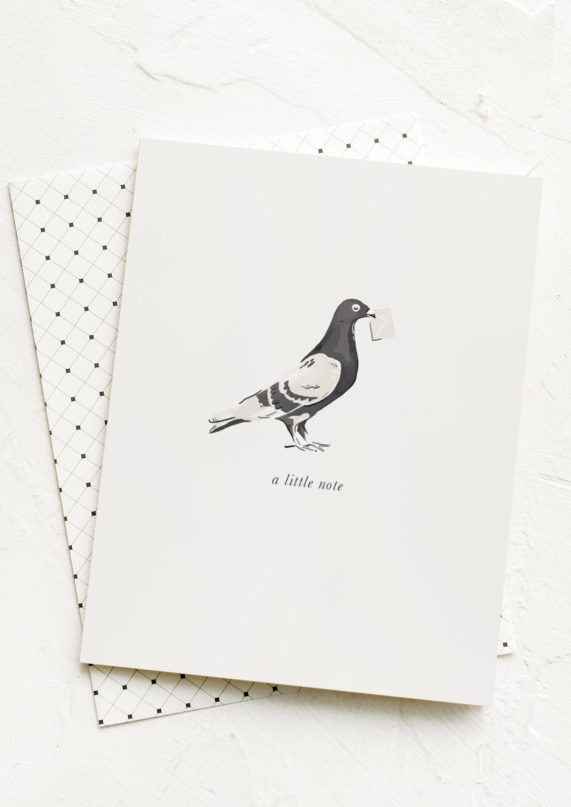 A card with image of pigeon holding an envelope in its beak, lettering reads "A little note".