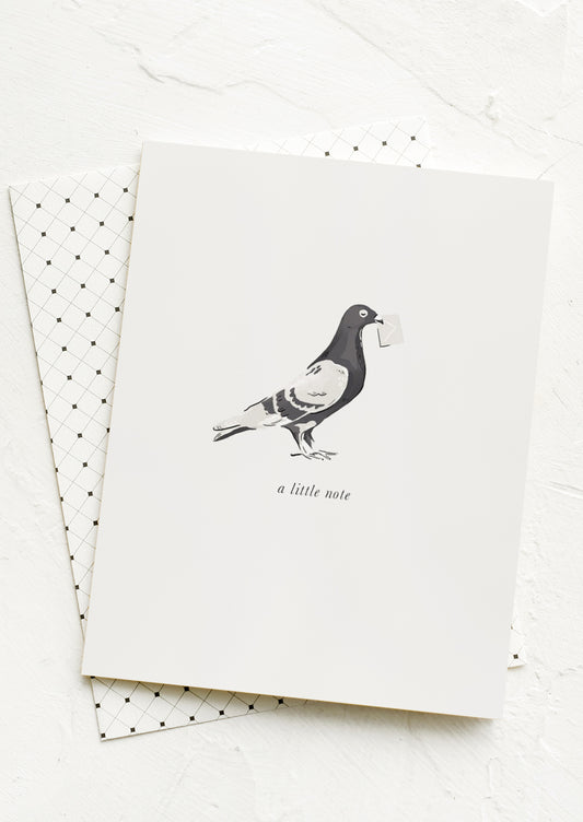 A card with image of pigeon holding an envelope in its beak, lettering reads "A little note".