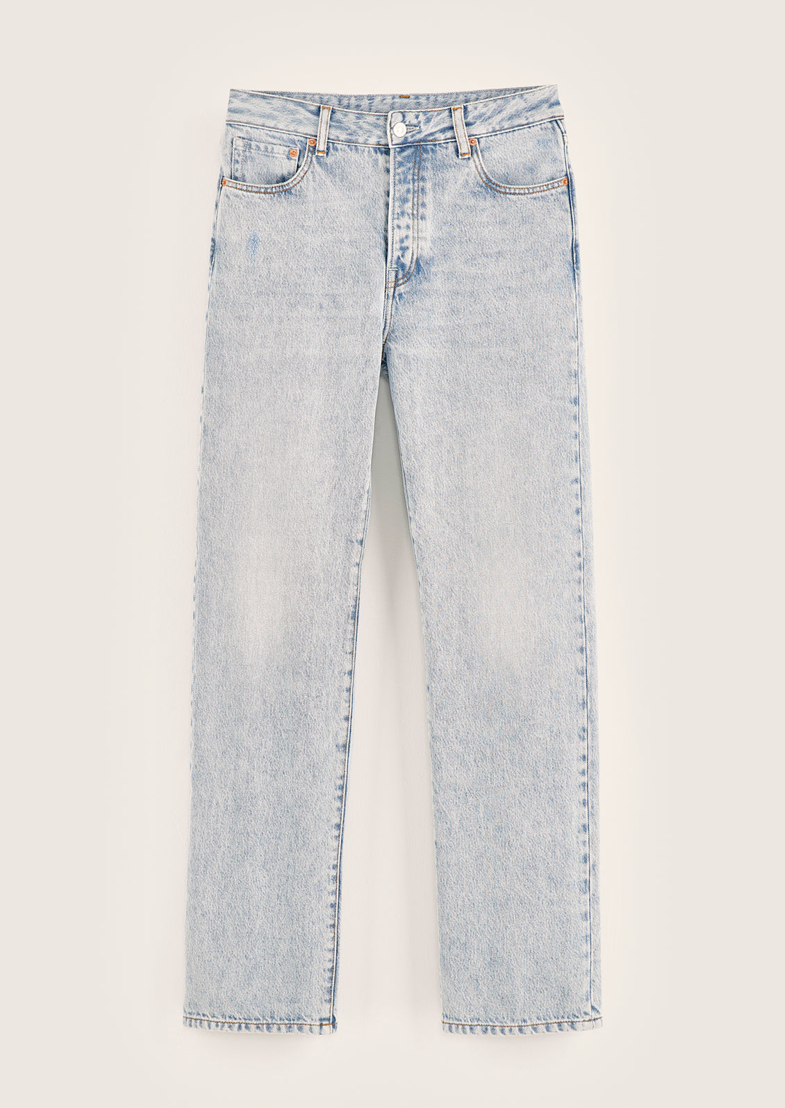 A pair of light wash straight leg jeans.