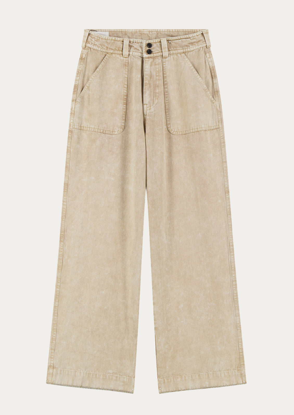 A person wearing a pair of wide leg pants in sand stonewash fabric.
