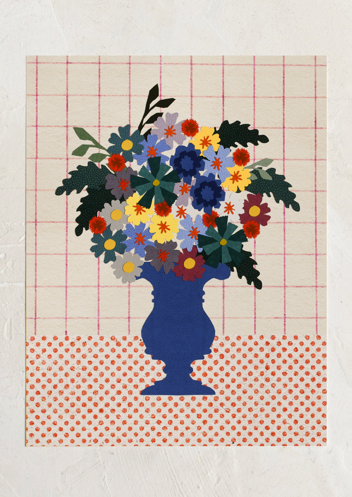 An art print of a primary colored flower arrangement in blue vase, atop checkered background.