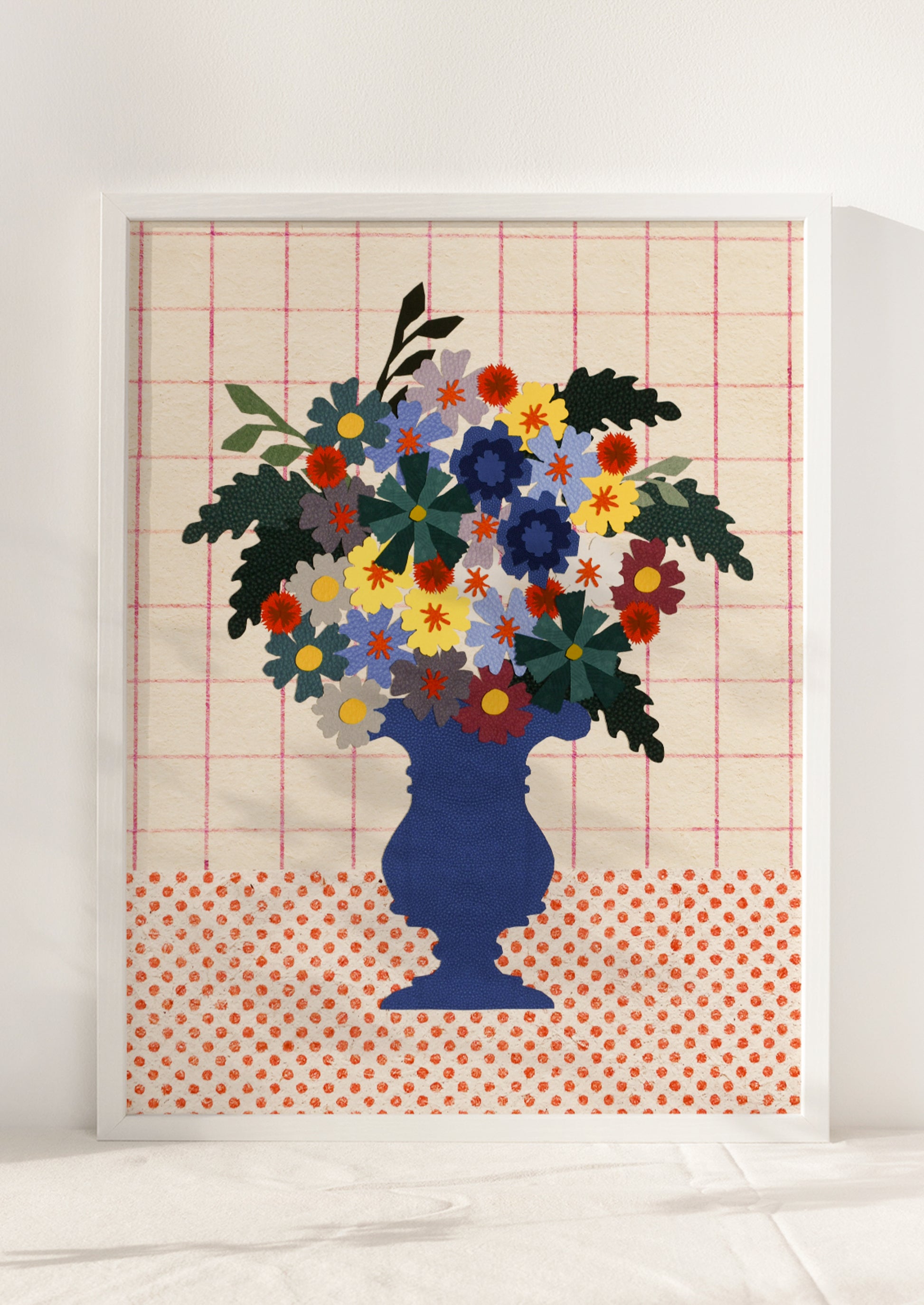 An art print of a primary colored flower arrangement in blue vase, atop checkered background.