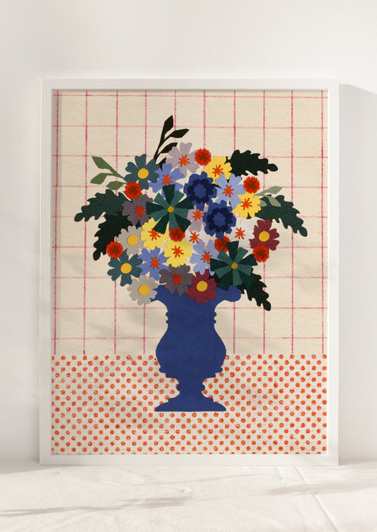 An art print of a primary colored flower arrangement in blue vase, atop checkered background.