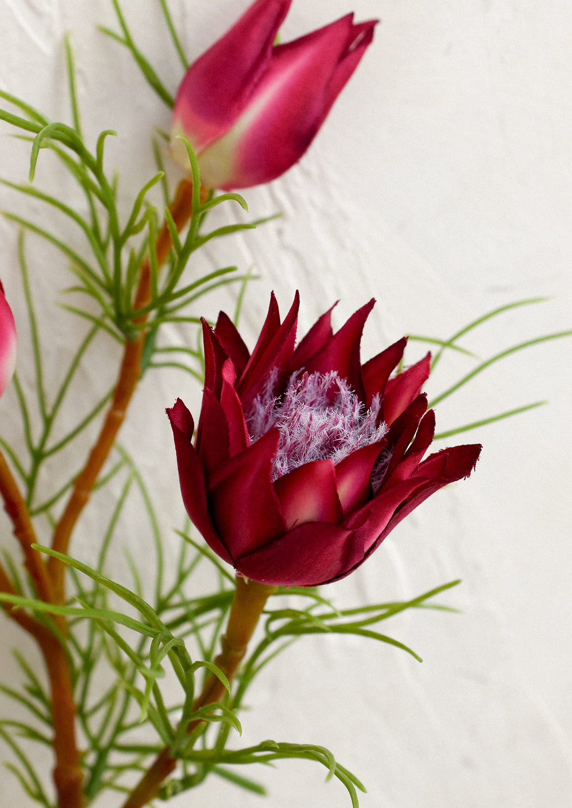 A faux flower stem depicting a protea flower in magenta.