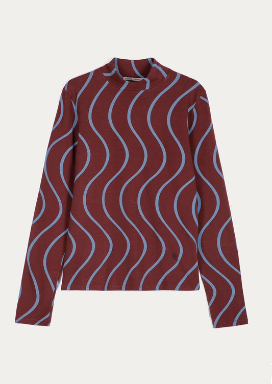 A long-sleeve mock neck top featuring a burgundy base with a light blue wavy stripe pattern, displayed flat against a light off-white background.