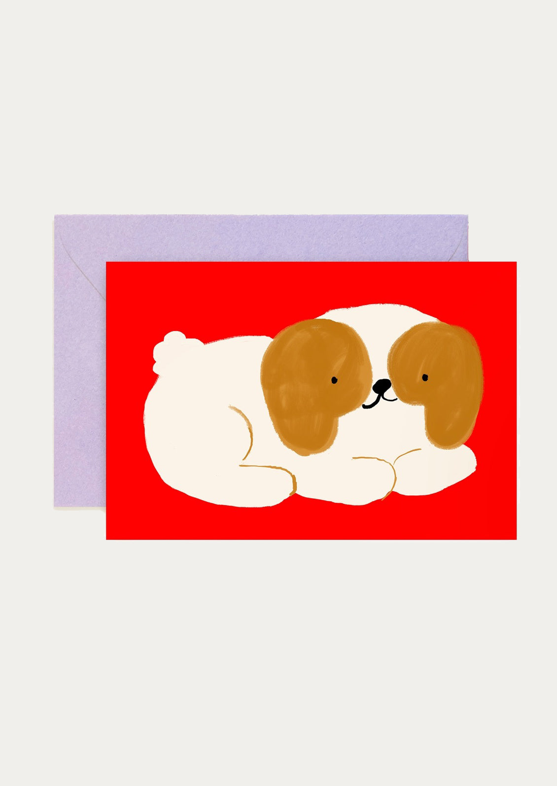 Card with a dog illustration on a red background and a purple envelope.