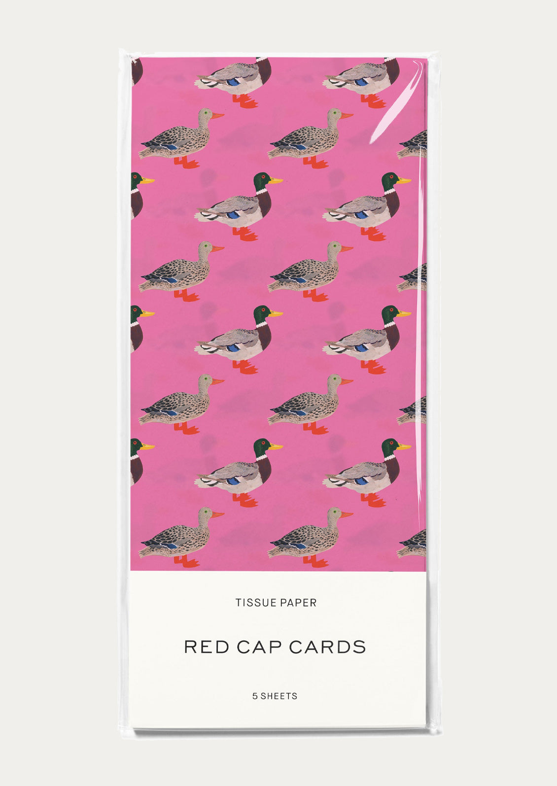 Tissue paper with duck pattern on a pink background, branded 'Red Cap Cards'.
