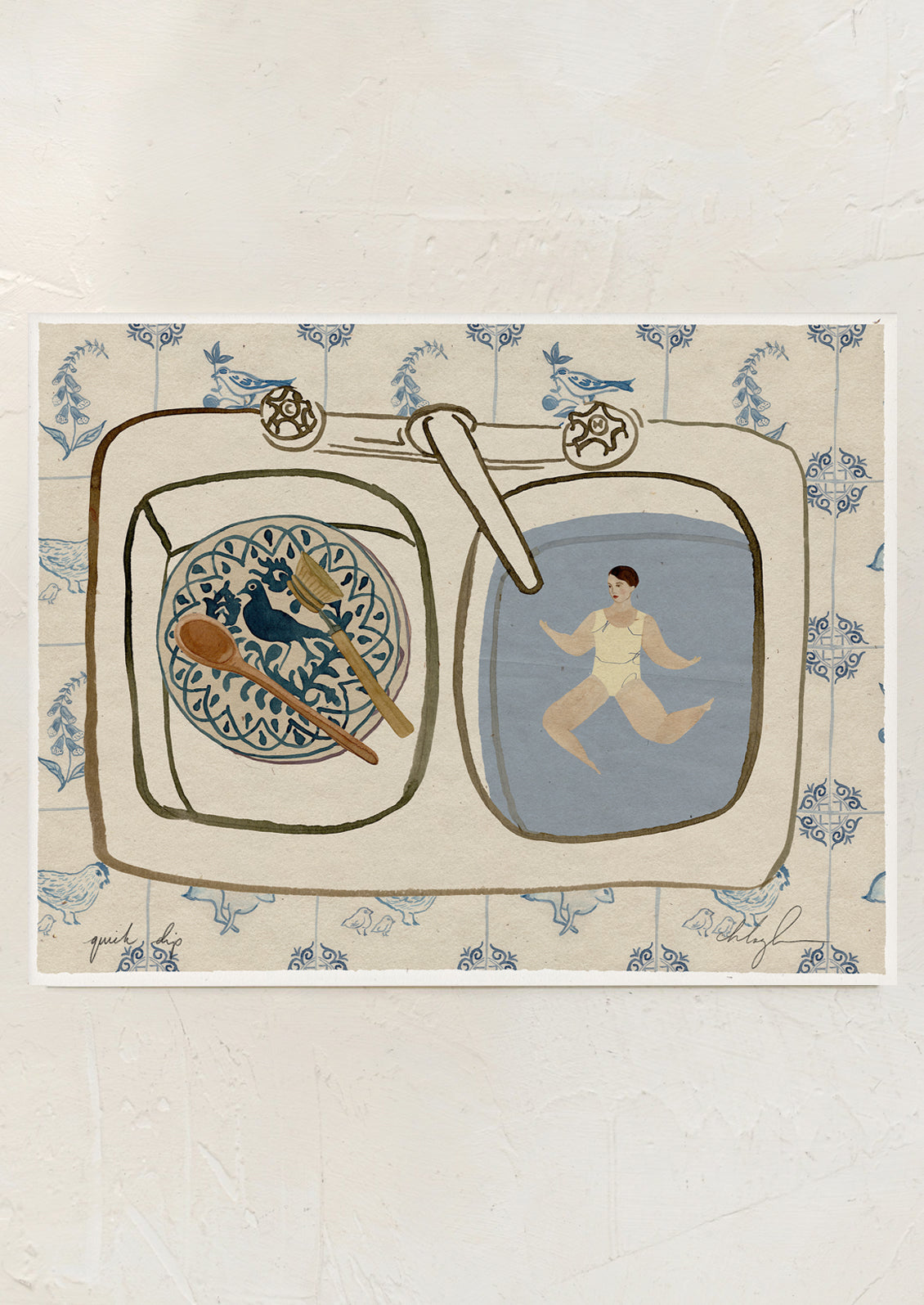An art print featuring a whimsical illustration of a small figure swimming in a sink.